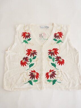 Vintage Bobbie Brooks Cream Poinsettia Green Leaves Christmas Sweater Vest 22W
